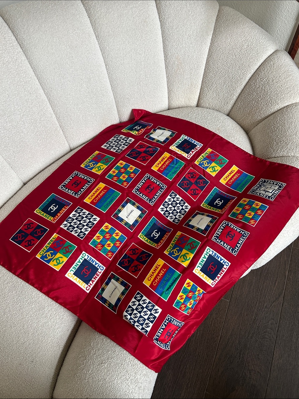 Chanel Red Logo Silk Scarf - Multi-Color Print